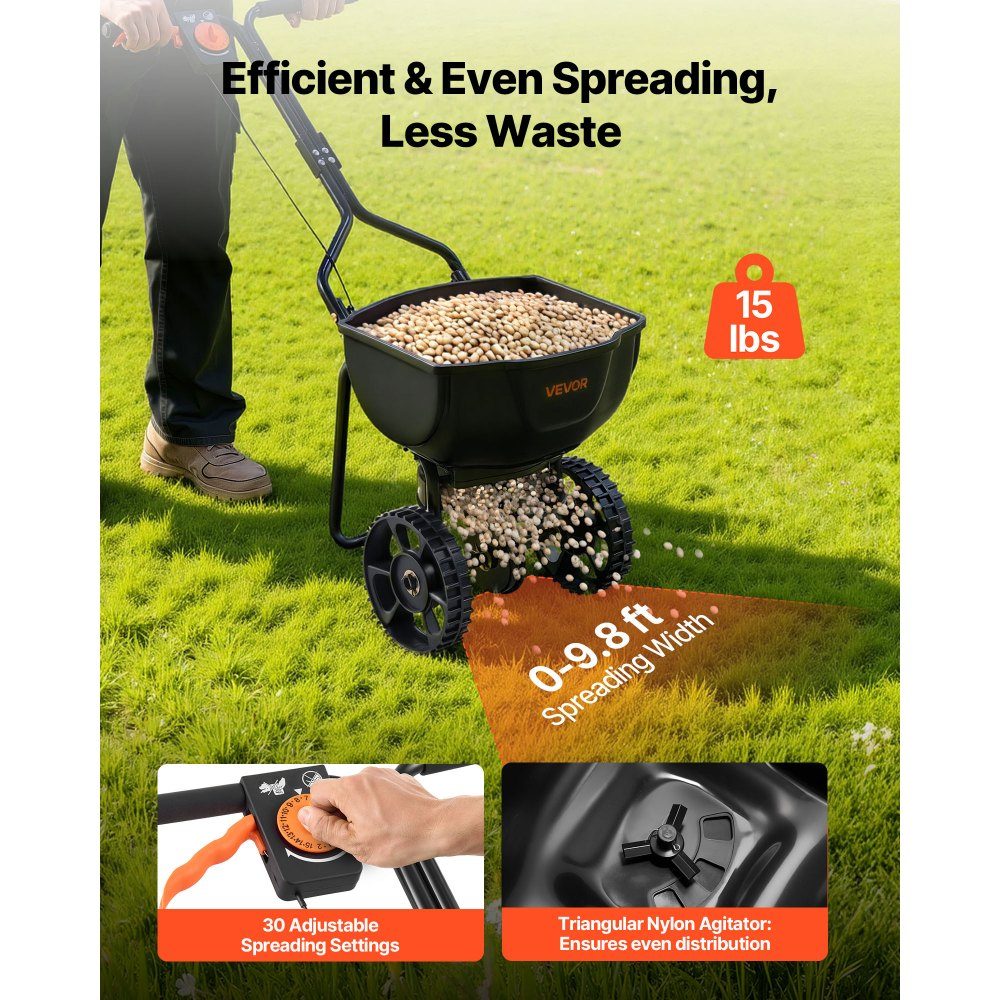 Spreader 6.8 kg capacity, fertilizer spreader 3 m spreading width, centrifugal spreader with 25.4 cm tires, adjustable spreading quantity, standard spreader for fertilizer and seeds in the home garden