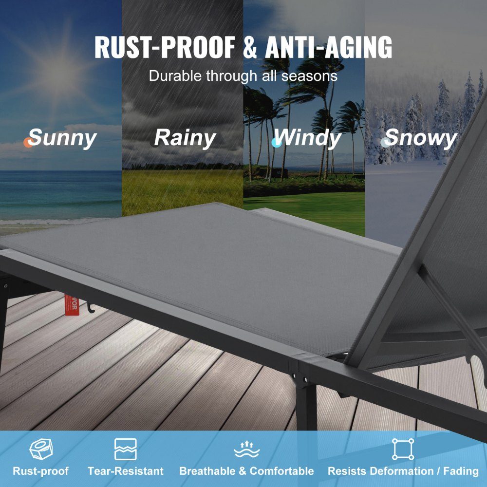 Outdoor Chaise Lounge Chairs, Aluminum Patio Lounger Chairs with 5 Adjustable Positions, Folding Pool Lounger Chairs, Deck Chairs and Totally Flat Sun Chairs for Patio Beach Pool, Dark Gray, 2 Pack