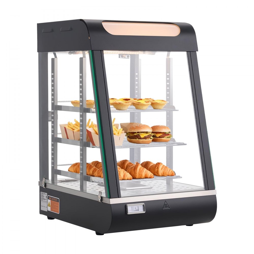 Comptoir chauffant à 3 niveaux 57 L, vitrine chauffante 800 W, comptoir chauffant 30-85 °C, chauffe-plats avec éclairage LED et étagères réglables, vitrine alimentaire pour hamburger pizza pain poulet frit