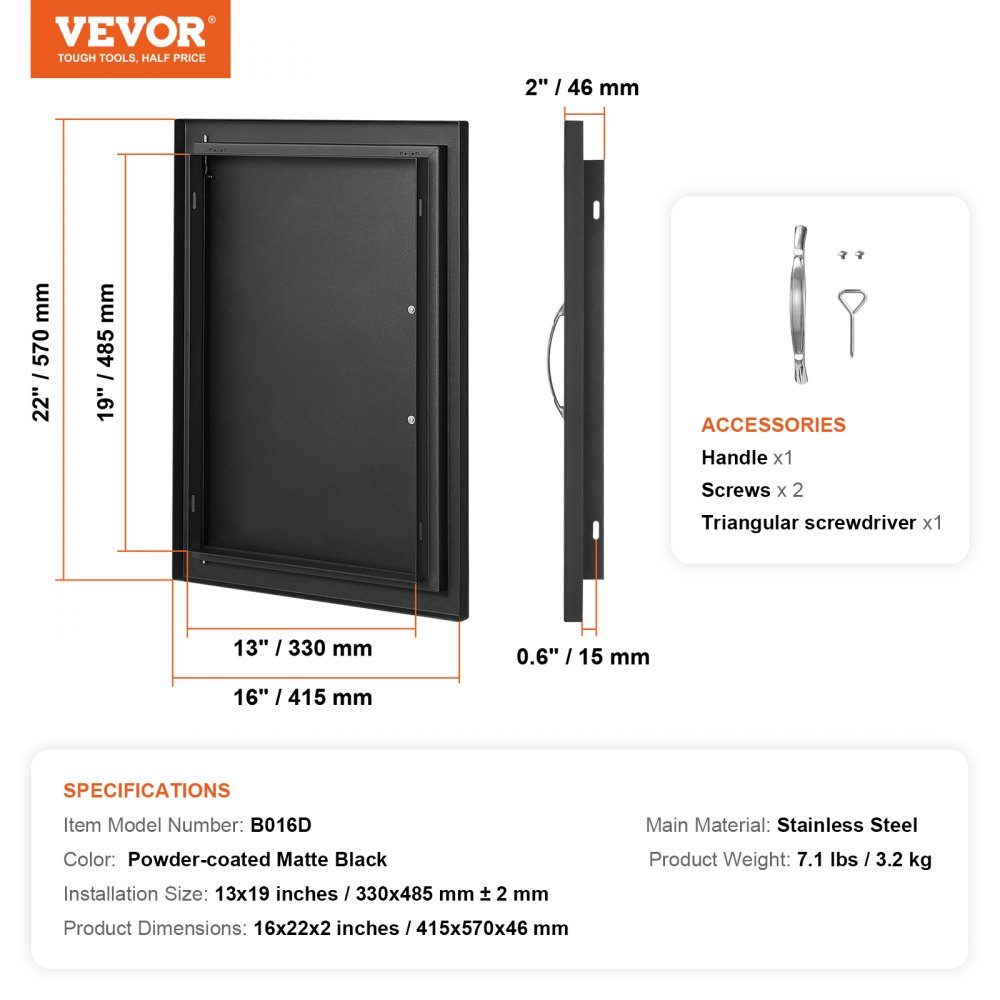 Grill Access Door 415x570mm Single Outdoor Kitchen Door Flush Mount Cold Panel Door Vertical Wall Door with Handle for Grill Island Grill Station Outdoor Cabinet Black