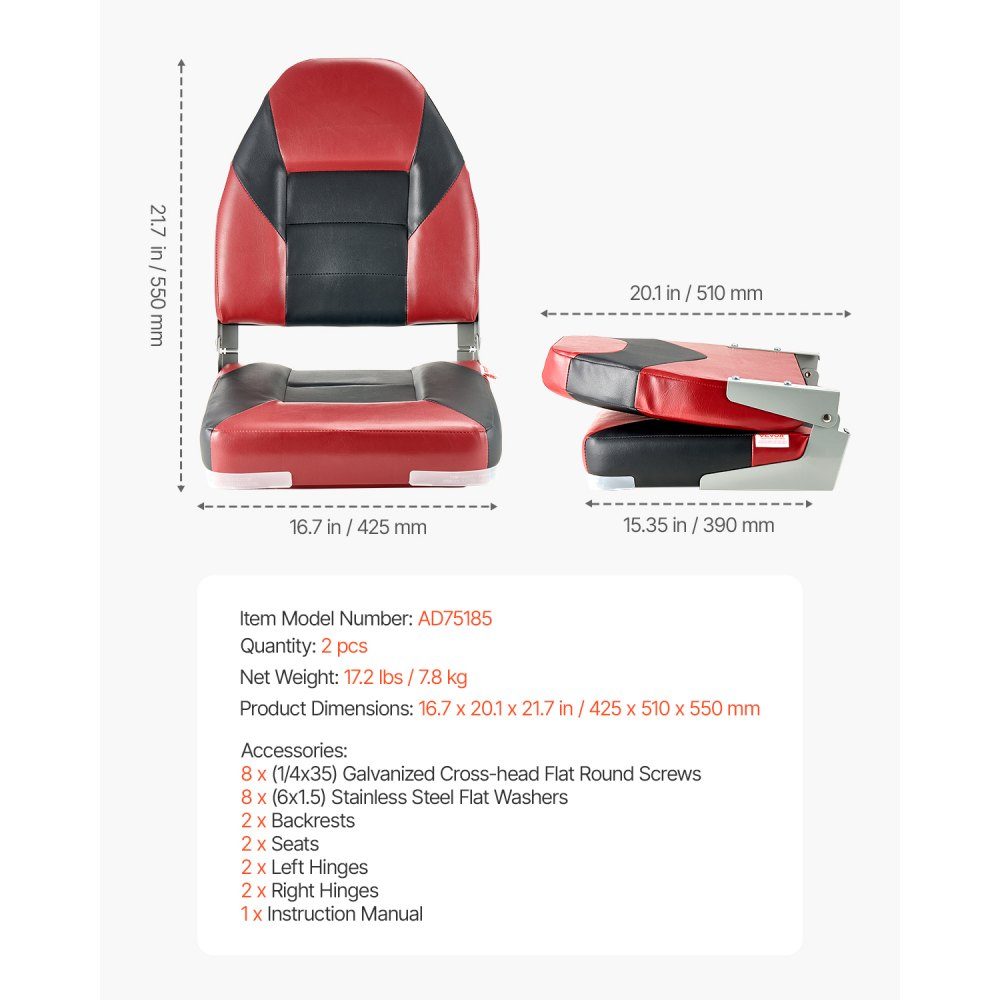 2pcs High Back Boat Seat Folding Fishing Boat Seat with Thick Sponge Cushion and Waterproof PVC Leather Aluminum Alloy Hinges Black and Red