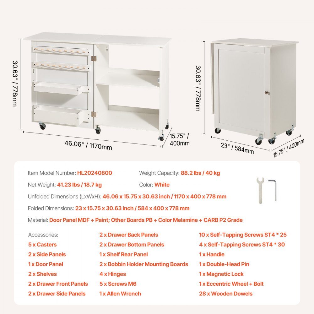 Opvouwbare naaitafel Multifunctionele naaimachinetafel met wielen en planken en opbergvakken en houten pennen en magnetische deuren, naaimachine wit (1170 x 400 x 778 mm)