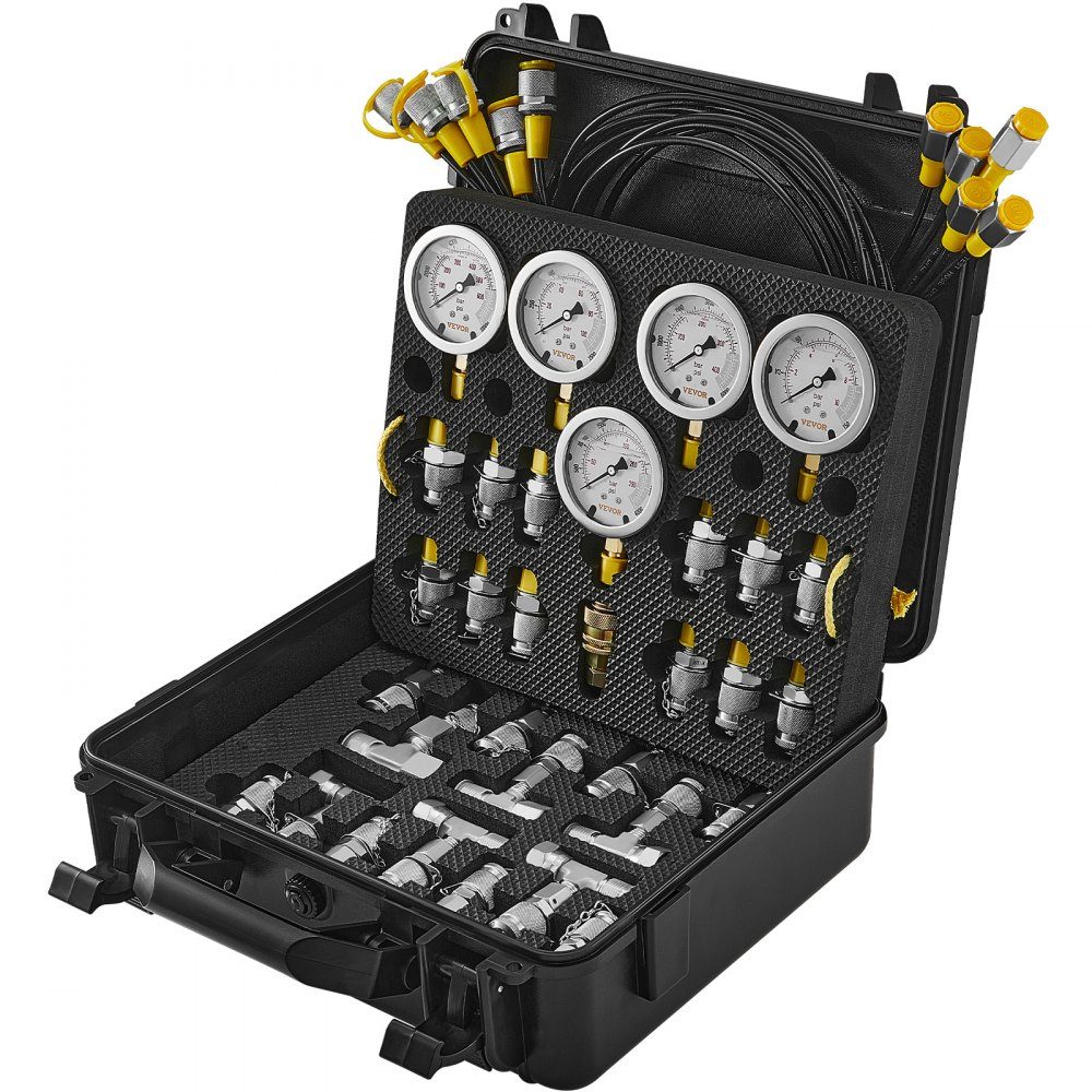 Hydraulische druktestset, 10/100/250/400/600 bar, 5 meters, 13 koppelingen, 14 T-connectoren, 5 testslangen, graafmachine Hydraulische testmanometerset met draagtas voor graafmachine-tractormachines