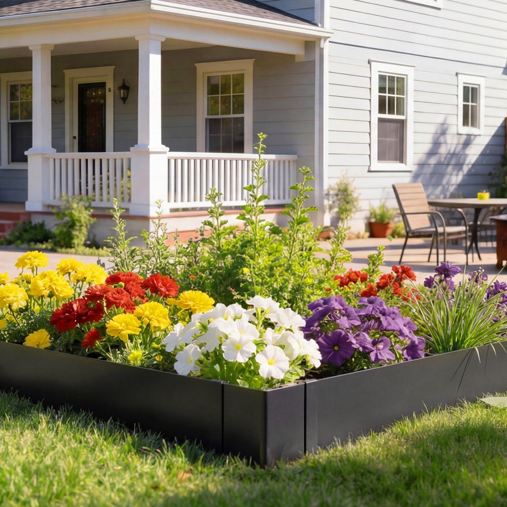 Rasenkanten 6er Pack, 1016x254 mm, Beeteinfassung aus verzinktem Stahl, inkl. 8 Befestigungsklammern, Beeteinfassung, Rasenbleche, Mähkante Metallpalisade für Beete und Gartenwege, schwarz