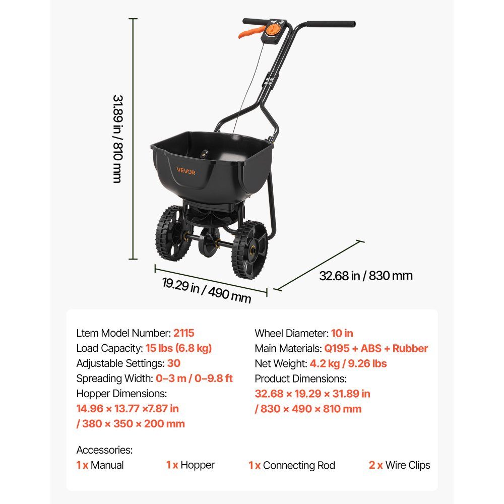 Spreader 6.8 kg capacity, fertilizer spreader 3 m spreading width, centrifugal spreader with 25.4 cm tires, adjustable spreading quantity, standard spreader for fertilizer and seeds in the home garden