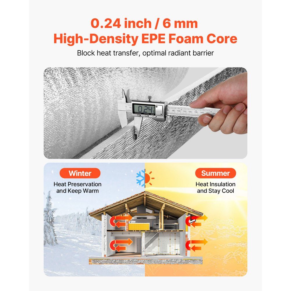 Film isolant, kit d'isolation thermique 6 mm, film réfléchissant 61 cm x 5,5 m, 4 rouleaux de barrière anti-radiation en feuille d'aluminium avec âme en mousse EPE, bouclier thermique blanc en film PE pour portes de garage.