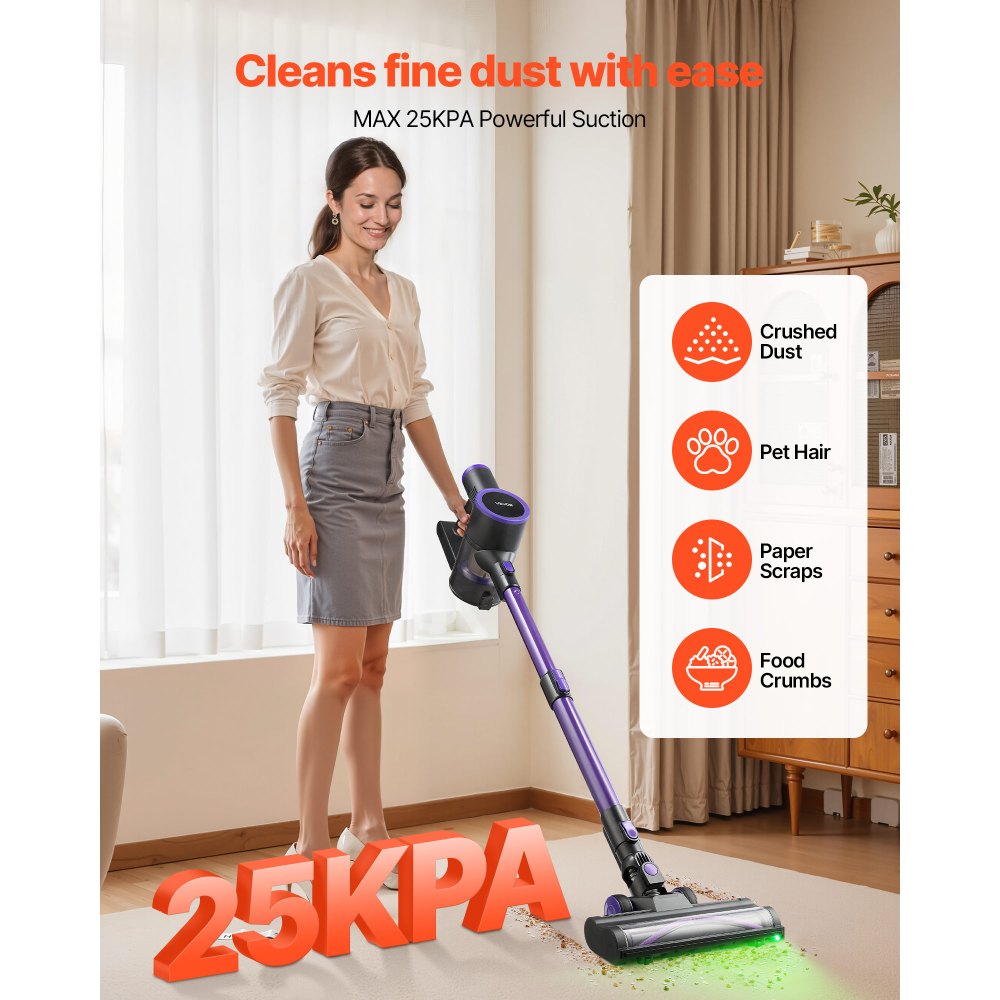 Aspirateur sans fil 25 kPa max. Puissance d'aspiration, aspirateur balai rechargeable avec bac à poussière, aspirateur à main léger avec 35 minutes d'autonomie pour tapis, poils d'animaux, sols durs