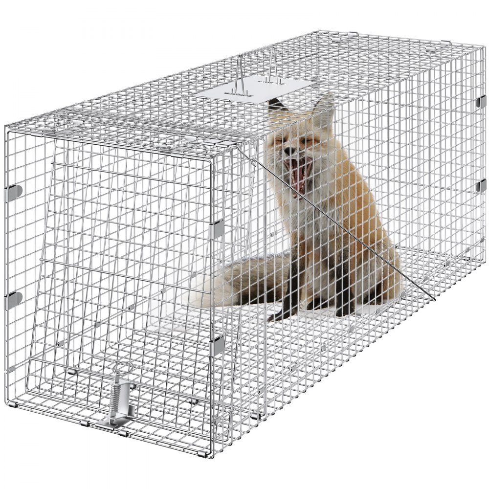 Live Animal Cage Trap 50" x 20" x 26" Humane Galvanized Iron Cat Trap Foldable Animal Trap with Handle for Stray Dogs, Armadillos, Raccoons, Marmots, Foxes