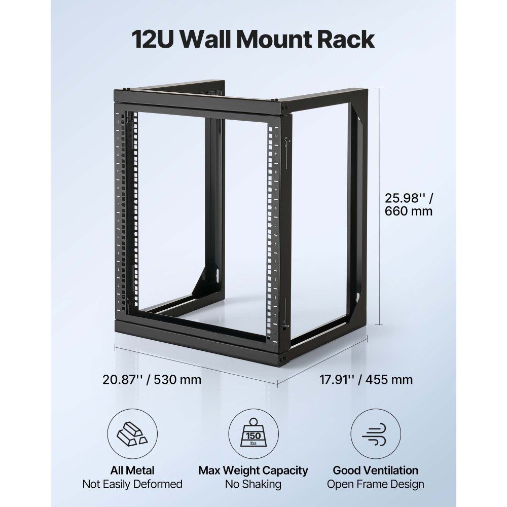 12U Wall Mount Server Rack 150 Pound Maximum Load Capacity Open Frame Network Rack und 180-Grad-Swivel Door Carbon Steel for 19" IT Network Equipment and AV Equipment Computer Server Black