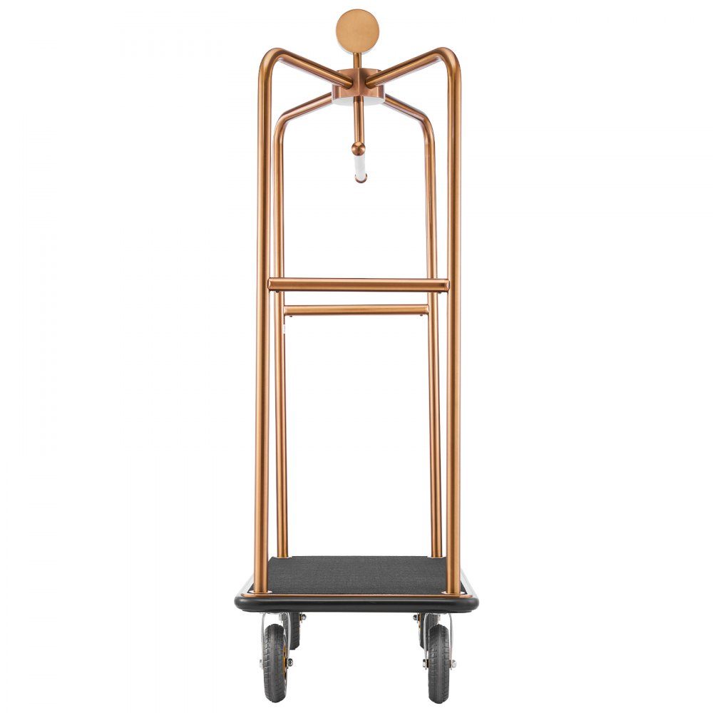 Chariot à bagages d'hôtel en acier inoxydable, chariot à bagages robuste de 1 000 livres avec roues en caoutchouc de 8", chariot d'hôtel avec tapis noir et porte-manteau, chariot à bagages pour hôtels et centres de villégiature, or rose – Réf. HT-23183