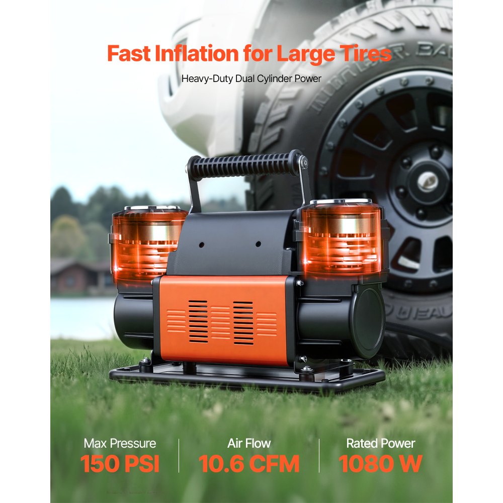 Zware luchtcompressor Dubbele cilinder 300 l/min Draagbare bandenpomp 12 V 150 PSI off-road luchtpomp met digitale manometer en adapters voor vrachtwagen, auto, SUV, SUV en camper Zware luchtcompressor Dubbele cilinder 300 l/min Draagbare bandenpomp 12 V 150 PSI off-road luchtpomp met digitale manometer en adapters voor vrachtwagen, auto, SUV, SUV en camper