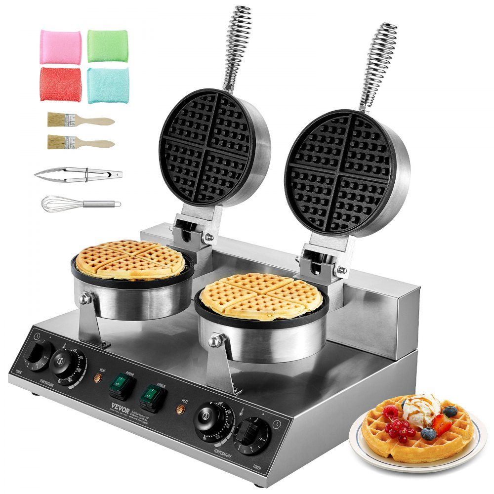 Kommerzielles rundes Waffeleisen mit Doppelkopf 2460 W, belgisches Waffeleisen mit antihaftbeschichteter Backoberfläche, Temperatur- und Zeitkontrolle, für Restaurant-Bäckerei-Snackbar