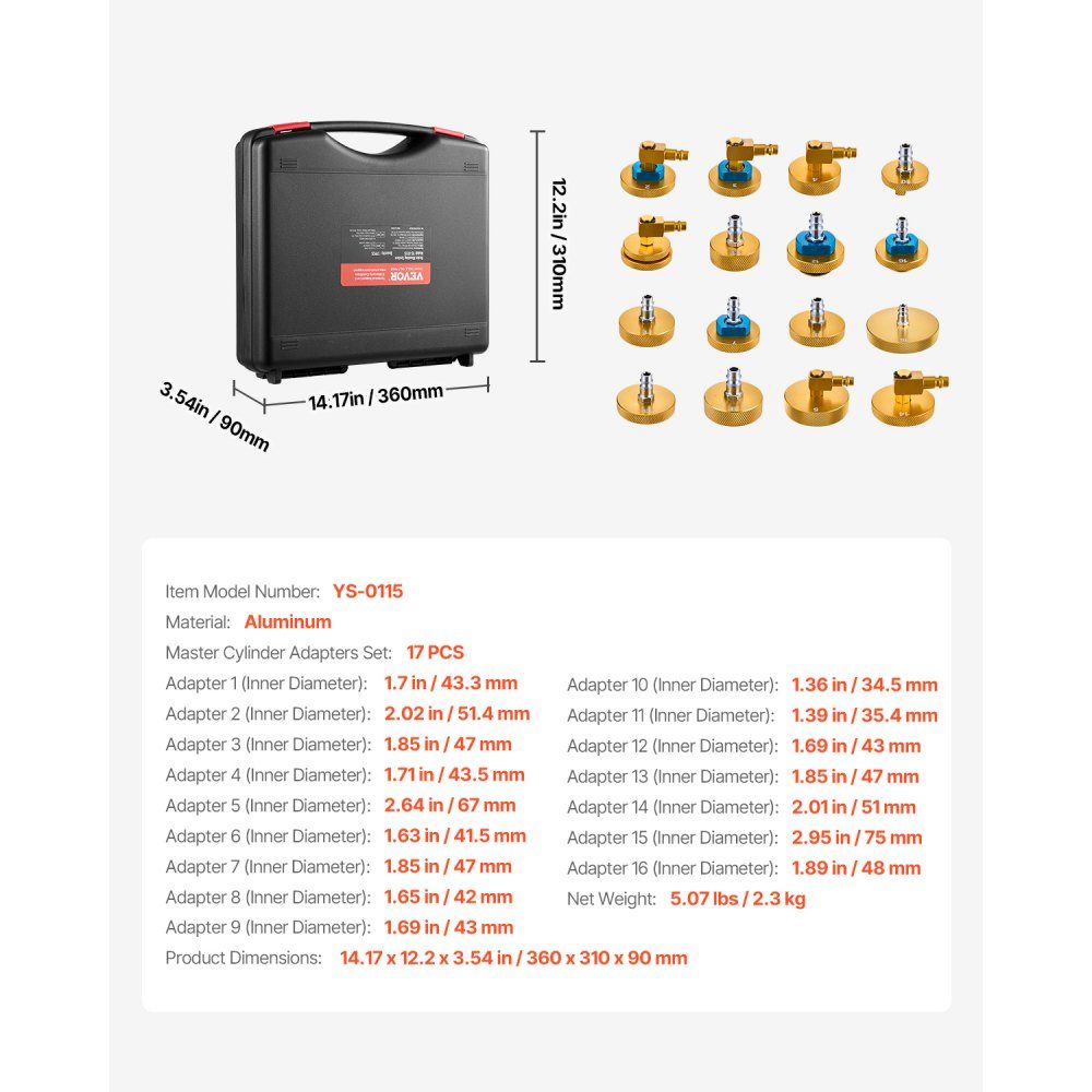 Brake Master Bleeder-Set 17-teiliges Ensemble d'adaptateurs de purge de frein professionnel avec ensemble complet et poignée, adaptateur de purge de frein durable pour le remplissage du liquide de frein