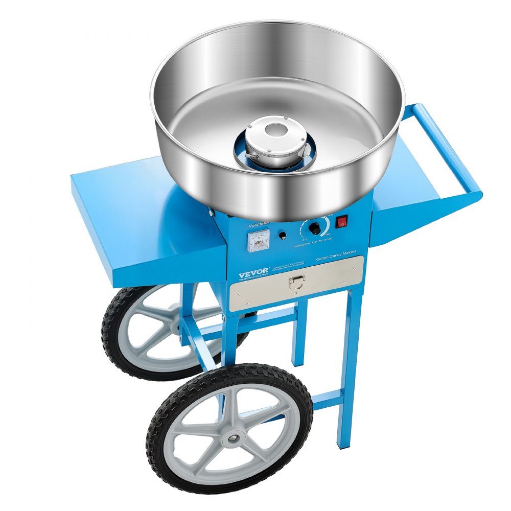 Machine à barbe à papa électrique, machine à barbe à papa commerciale avec chariot (1000 W), avec bol en acier inoxydable de 52 cm, cuillère à sucre et tiroir, parfaite pour les anniversaires d'enfants, les réunions de famille, bleu