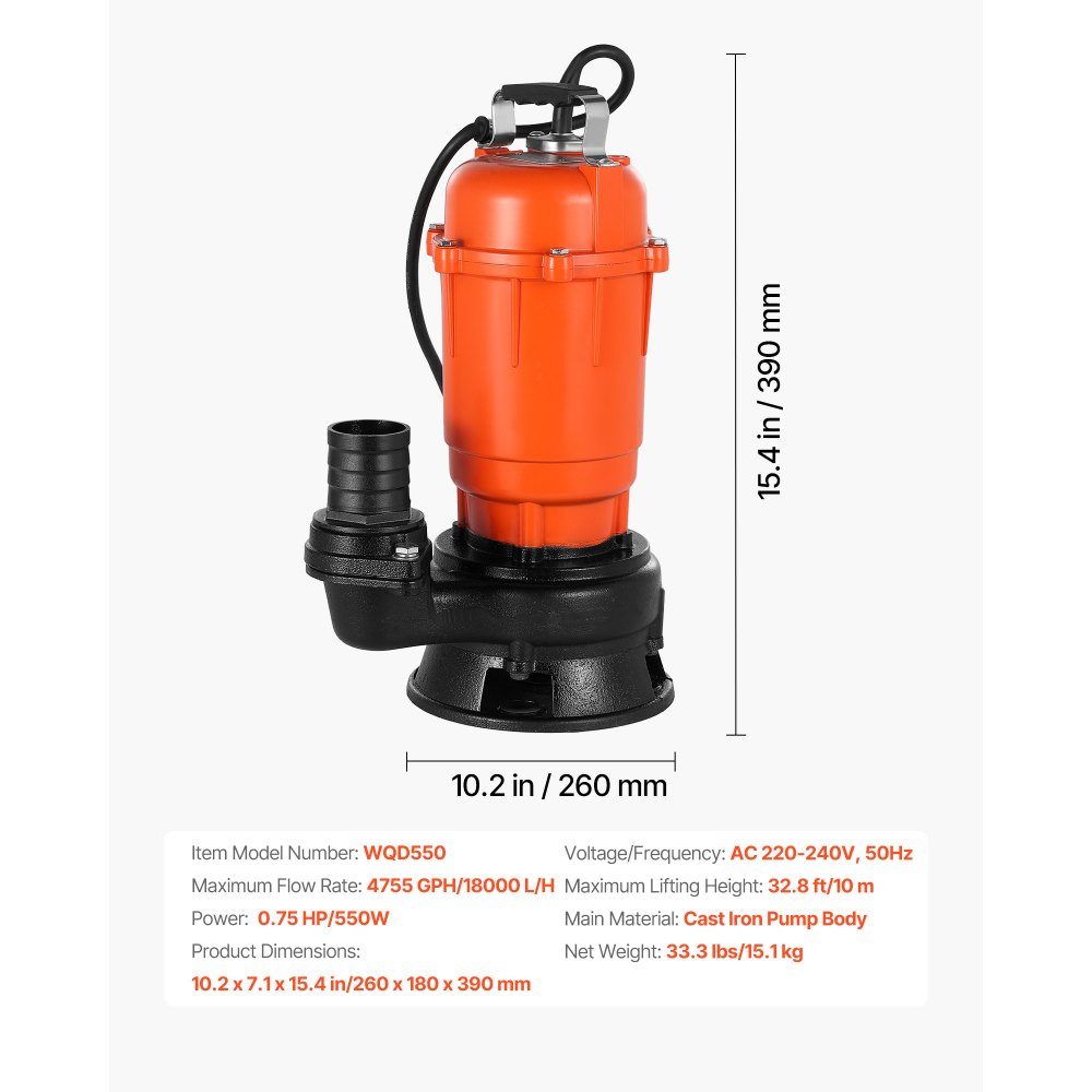 550 W Tauchpumpe, 18000 l/h, Schmutzwasserpumpe aus Gusseisen mit 5,08 cm Auslass, max. 10 m. Förderhöhe, zum Abpumpen von Schmutzwasser, für Pools, Gärten, Teiche, Keller & überschwemmte Gebiete