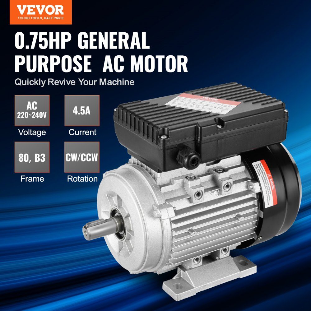 0,55 kW Elektromotor 1400 U/min AC 220–240 V 4,5 A 80 B3 Rahmen Luftkompressormotor einphasig 19 mm Keilwelle Rechts-/Linksdrehung für landwirtschaftliche Maschinen und allgemeine Geräte