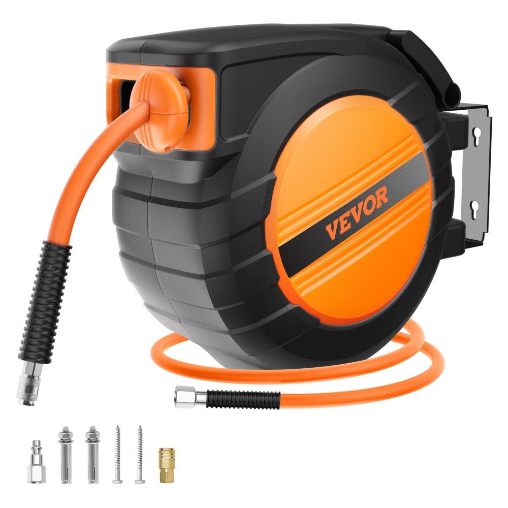 Compressed Air Hose Reel, 9.52mm x 50ft Air Hose, Max 300 PSI, Auto Rewind Hose Reel, Ceiling/Wall Mount, Enclosed PP Reels and 180° Rotating Bracket