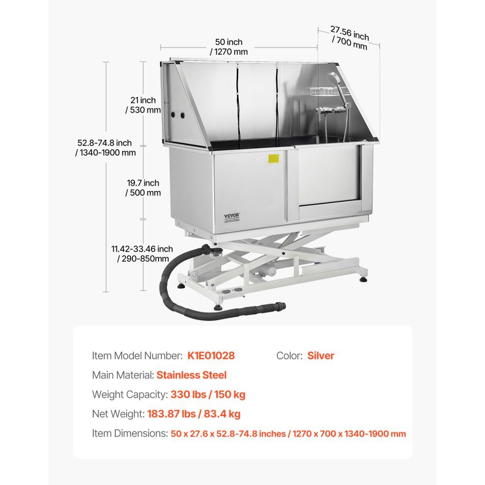 Electric Dog Washing Station with Lift Function, 50 Inch Stainless Steel Pet Grooming Tub with PE Water Filter Plate, Faucet and Shower Head, Dog Bathtub, Pet Wash Basin (Right Door)