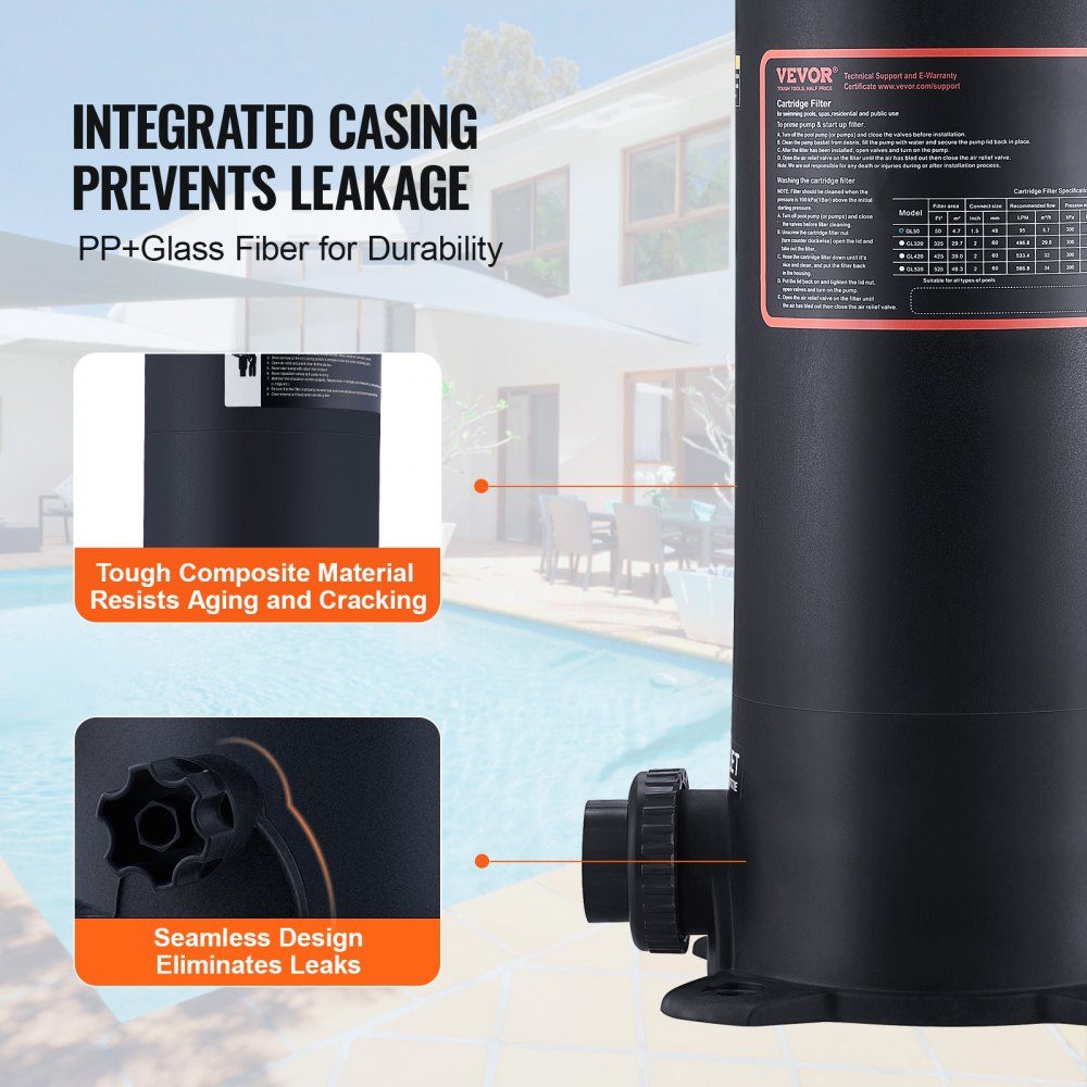 Cartridge Pool Filter, 380 x 380 x 710mm Integrated Pool Filter, Above Ground Swimming Pool Filtration Filter System with Upgrade Filter and Leakproof Housing for Hot Tubs, Spa Inflatable Pools