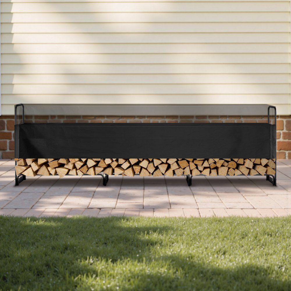 Brennholzregal aus Metall, 386 x 36 x 117 cm, Brennholzregal, Stahlrahmen, pulverbeschichteter Brennholzunterstand, 400 kg mit wasserdichter Abdeckung, Stapelhilfe, Holzunterstand für Veranda, Garten, Terrasse, Hof