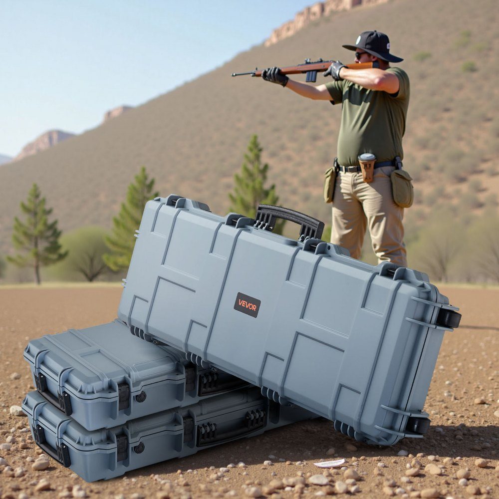 Waffenkoffer mit Hartschale für Langwaffen, abschließbarer Waffenkoffer mit vorgeschnittenem Schaumstoff, Langwaffenkoffer, Waffenaufbewahrung, rollbar, IP67 wasserdicht, 109 x 41 x 15,5 cm grau