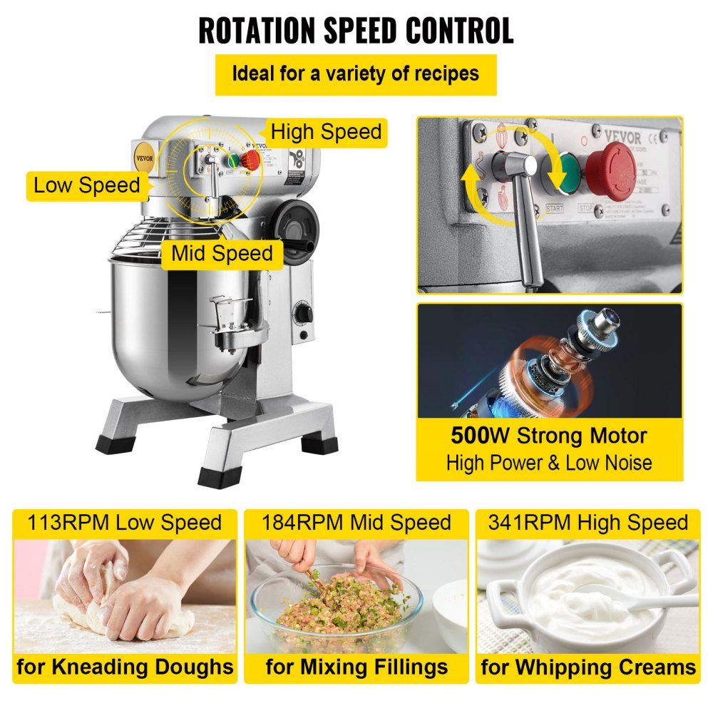 Kneading machine food processor, 14L bowl capacity kneading machine, 3-speed whisk, dough hook, wire rope, stainless steel bowl dough machine 500W, silver food processor timer function