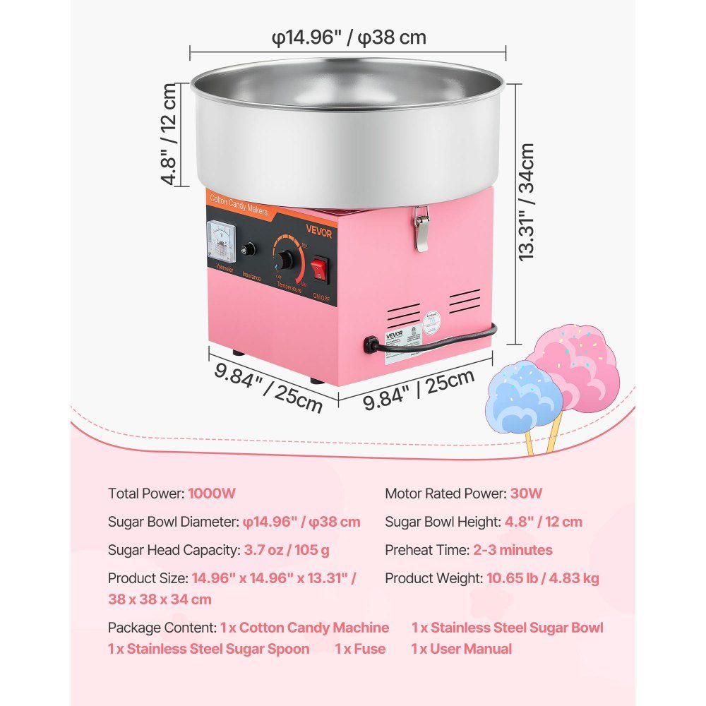 Machine à barbe à papa, machine à barbe à papa électrique 1000 W avec bol en acier inoxydable de 38 cm et cuillère à bonbons, fait de la barbe à papa pour les anniversaires à la maison, les réunions de famille, rose, 3500 tr/min – Réf. HT-23877