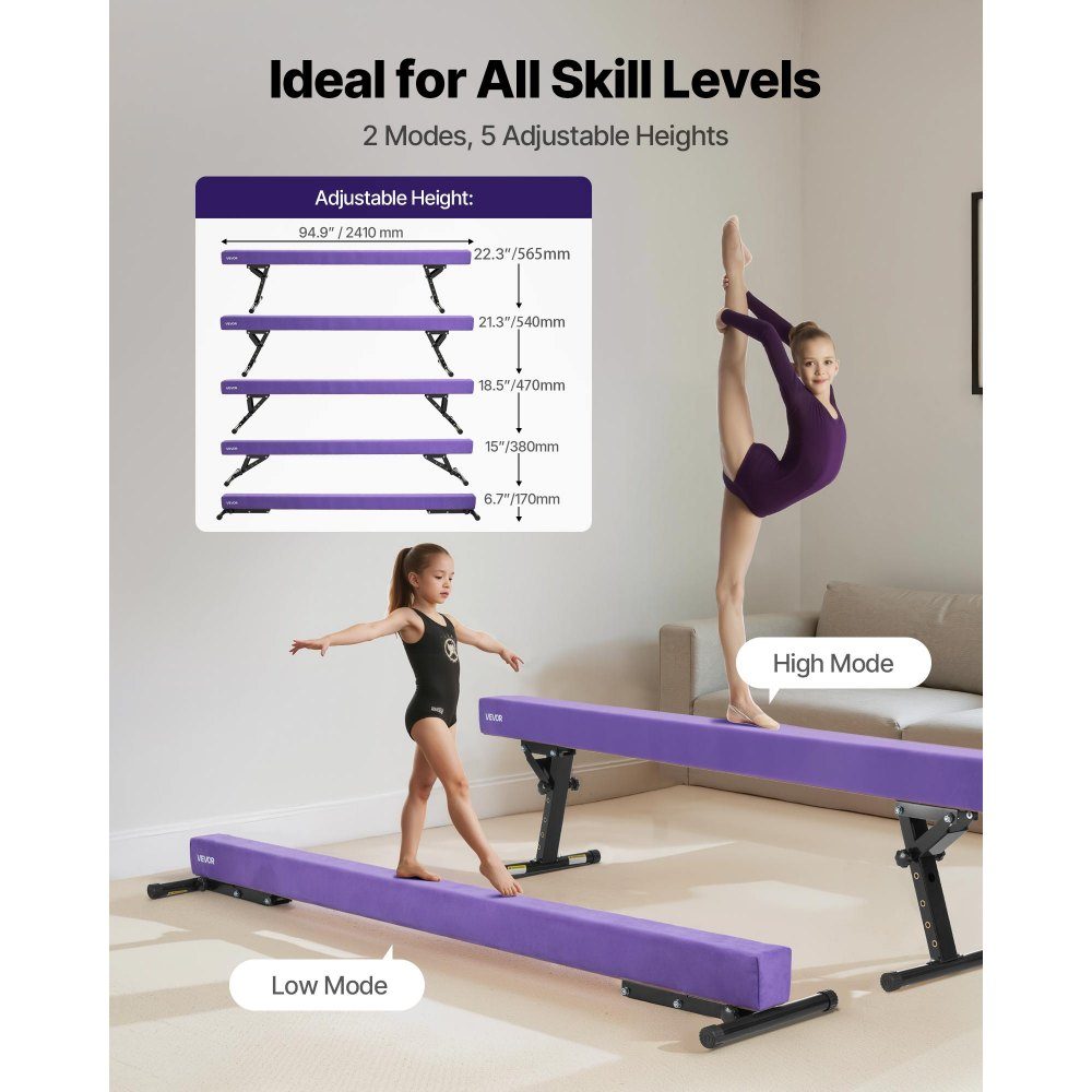 Schwebebalken Gymnastik Kinder 241 cm höhenverstellbar (5 Stufen/170/380470/540/565 mm), 158,7 kg belastbarer Gymnastikbalken, Schwebebalken für Fitnessstudio, Lila