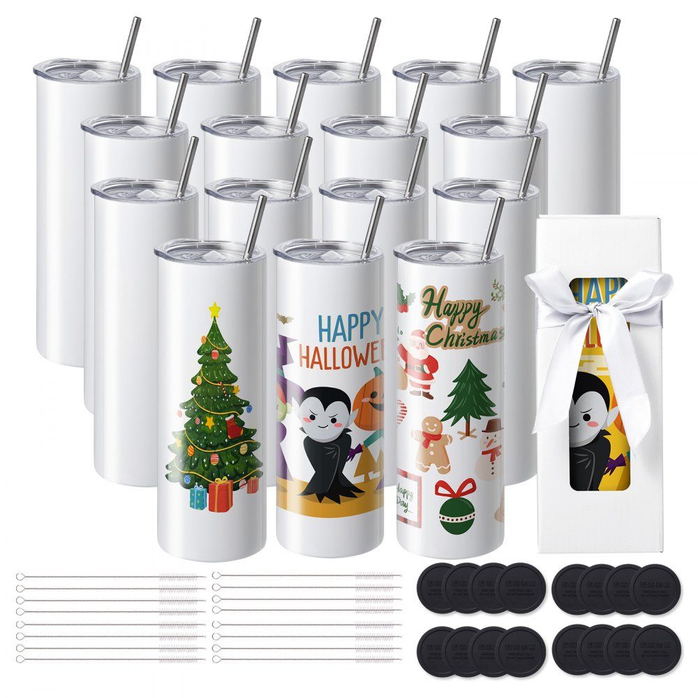 16er-Pack gerade Sublimationsbecher, 22oz leere Becher, doppelwandige Edelstahlbecher mit Strohhalm, Deckel, Bürste, Boden, Schrumpffolie, Geschenkbox, für Heißpresse und Wärmeübertragung