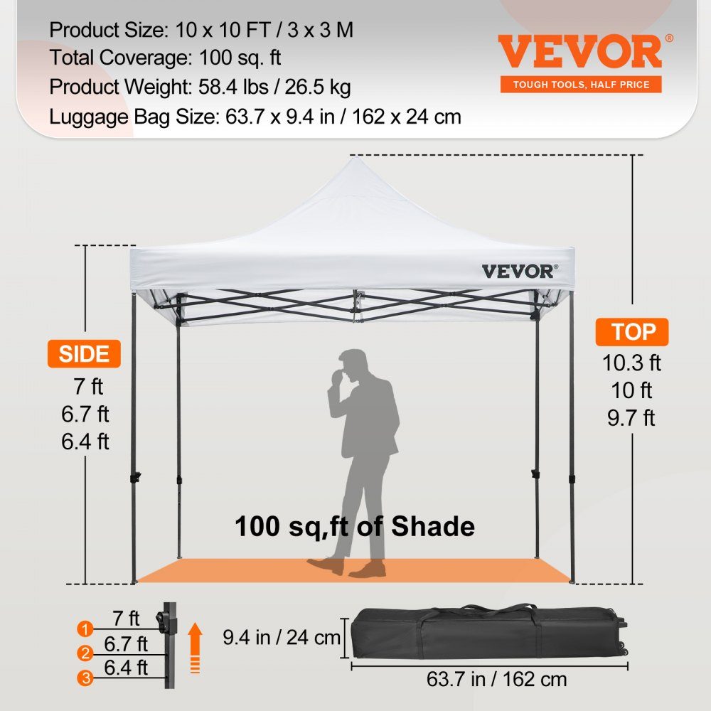 Gazebo Pliant 3x3m Gazebo Pliant 240g Polyester Enduit de PVC Pop Up Gazebo 1,95-2,13 m Tente de fête réglable Chapiteau Tente de Plage Blanche pour Mariages ou Autres activités Commerciales