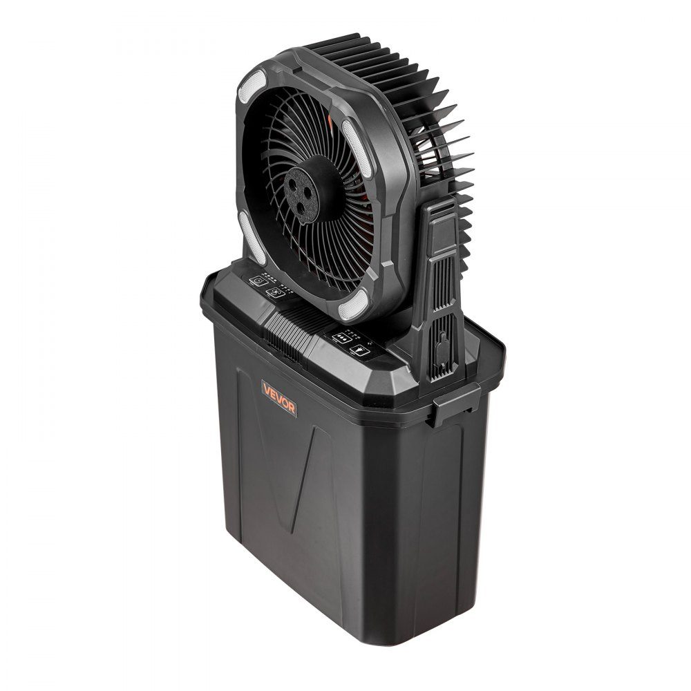 Ventilateur de camping, moteur 2700 tr/min, ventilateur brumisateur avec réservoir d'eau de 9 L, batterie 10 000 mAh, 4 niveaux de vent et 5 modes d'éclairage, ventilateur sur pied portable pour le camping, la pêche et les voyages – Réf. HT-24327