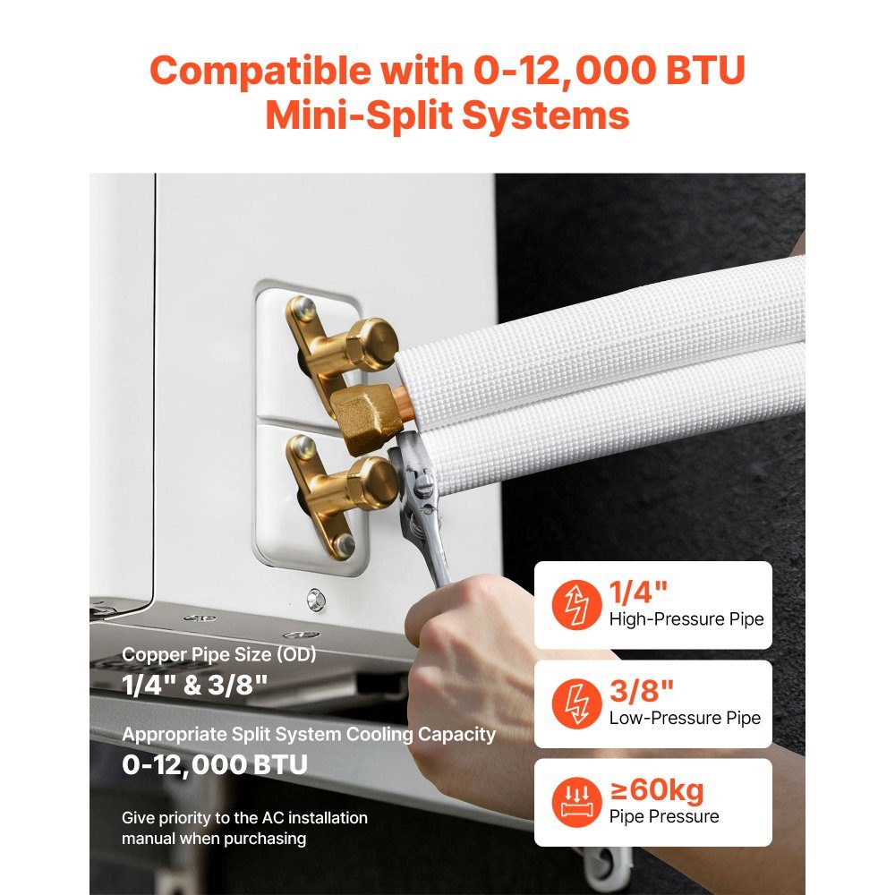 Refrigerant Pipe 15.24m Copper Pipe 6.4 & 9.5mm OD PE Insulated Coil with Flare Nuts Strapping for Mini Split Air Conditioner, HVAC or Heat Pump System