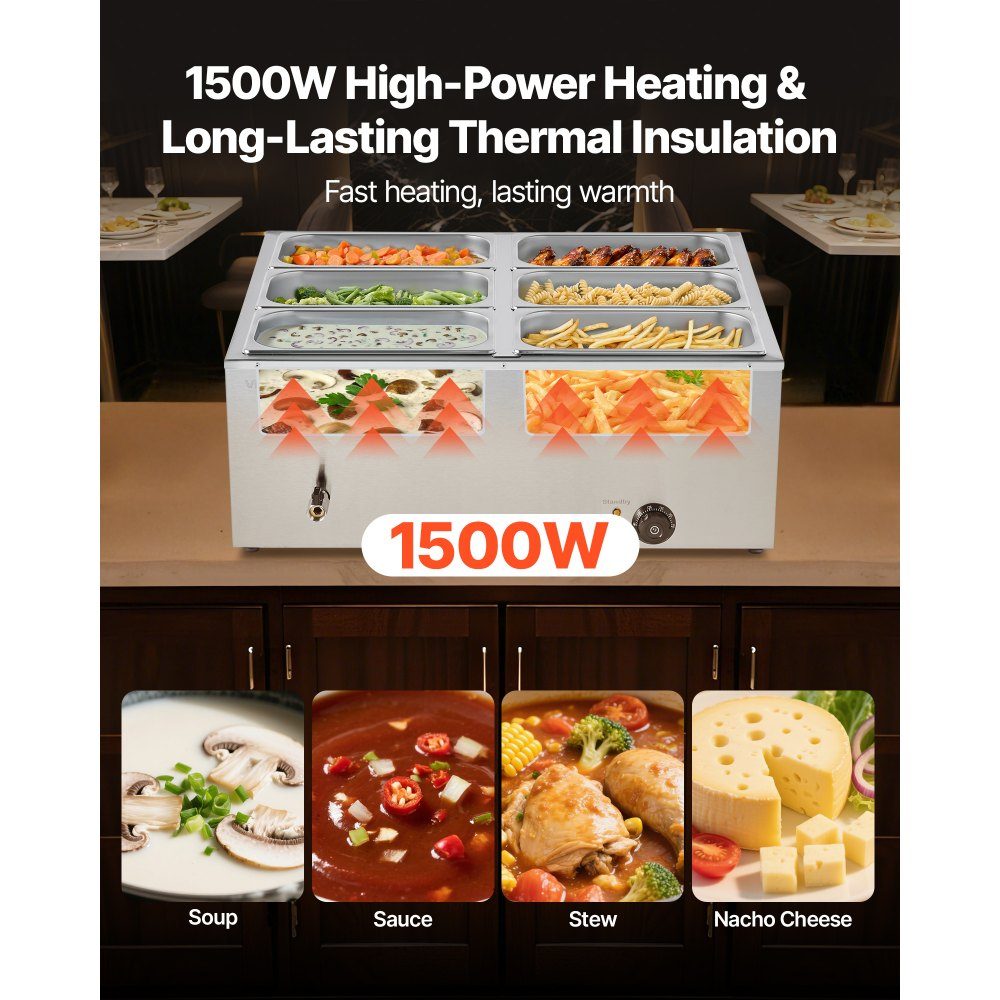 Réchauffeur de nourriture commercial (6 récipients de taille 1/3), récipient chauffant électrique en acier inoxydable de 1,5 kW avec couvercle et louche à soupe, ensemble de réchauds pour restauration, restaurant, fête