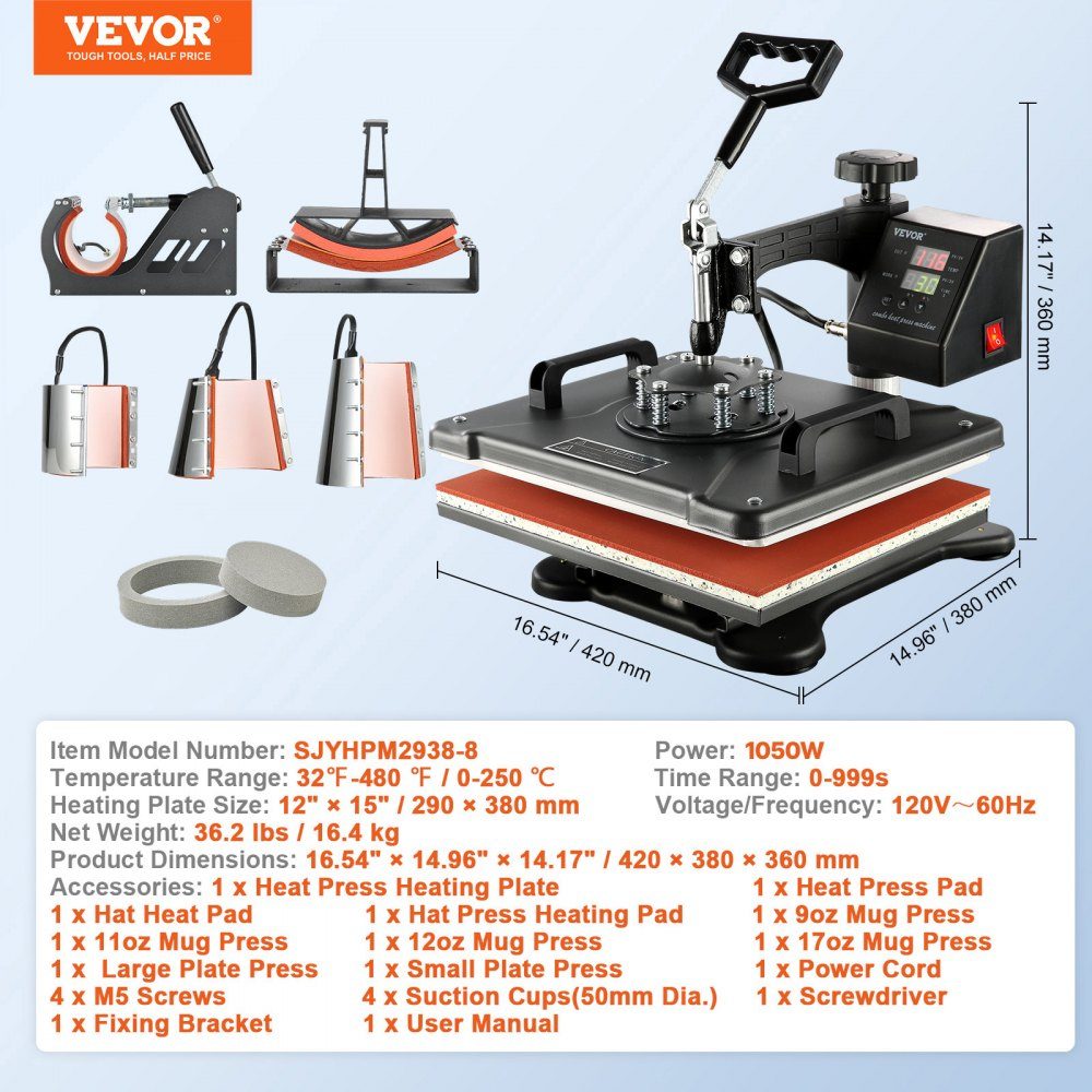 Heat Press 8 in 1 Heat Press Machine 38x30cm T-Shirt Press Machine Heat Press Machine DIY Heat Press with Digital LED Temperature