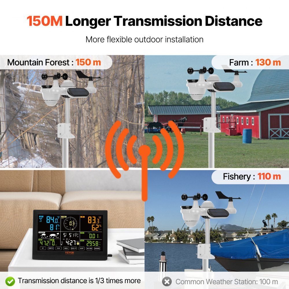 7 in 1 Weather Station, Wireless Weather Station with Outdoor Sensor, 190.5mm (7.5") Color Display, RCC Atomic Clock for measuring wind direction, wind speed, air pressure, indoor/outdoor temperature and humidity, moon phase