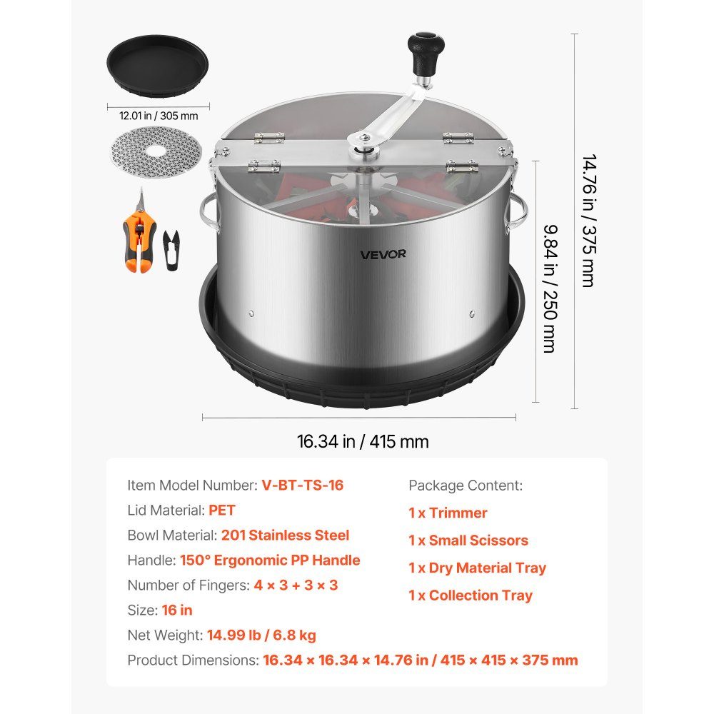 Harvester, 16" Leaf Cutter, Bud Cutter with Stainless Steel Blades, Wet & Dry Hydroponic Cutting Machine with Tray, Leaf Bowl Trimmer for Plant Buds & Flowers
