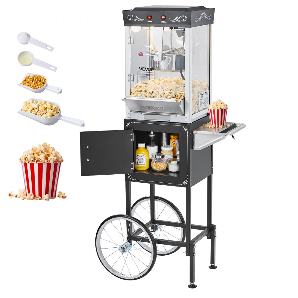 Popcorn Machine Popcorn Machine with Kettle & Trolley, 800W Commercial Popcorn Maker, 48 Cups per Load, with 2 Button Control, Glass Wall, PC Door, 1 Scoop, 3 Spoons, Black Popcorn Machine Popcorn Machine with Kettle & Trolley, 800W Commercial Popcorn Maker, 48 Cups per Load, with 2 Button Control, Glass Wall, PC Door, 1 Scoop, 3 Spoons, Black