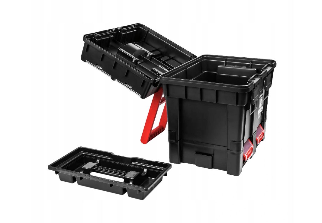 Atelier enroulable, deux coffres à outils utilisables séparément, plastique robuste, deux éléments, attaches métalliques, organiseur)