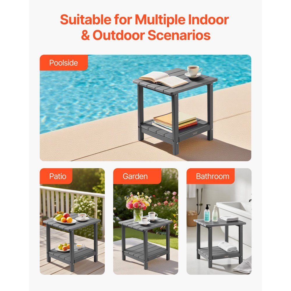 Beistelltisch aus Kunststoff, 45x38x44 cm, Gartentisch aus HDPE, Balkontisch mit 2 Ablagen, Nachttisch, Couchtisch, Dekotisch, geeignet für Terrasse, Pool, Strand, Veranda, Garten, Grau