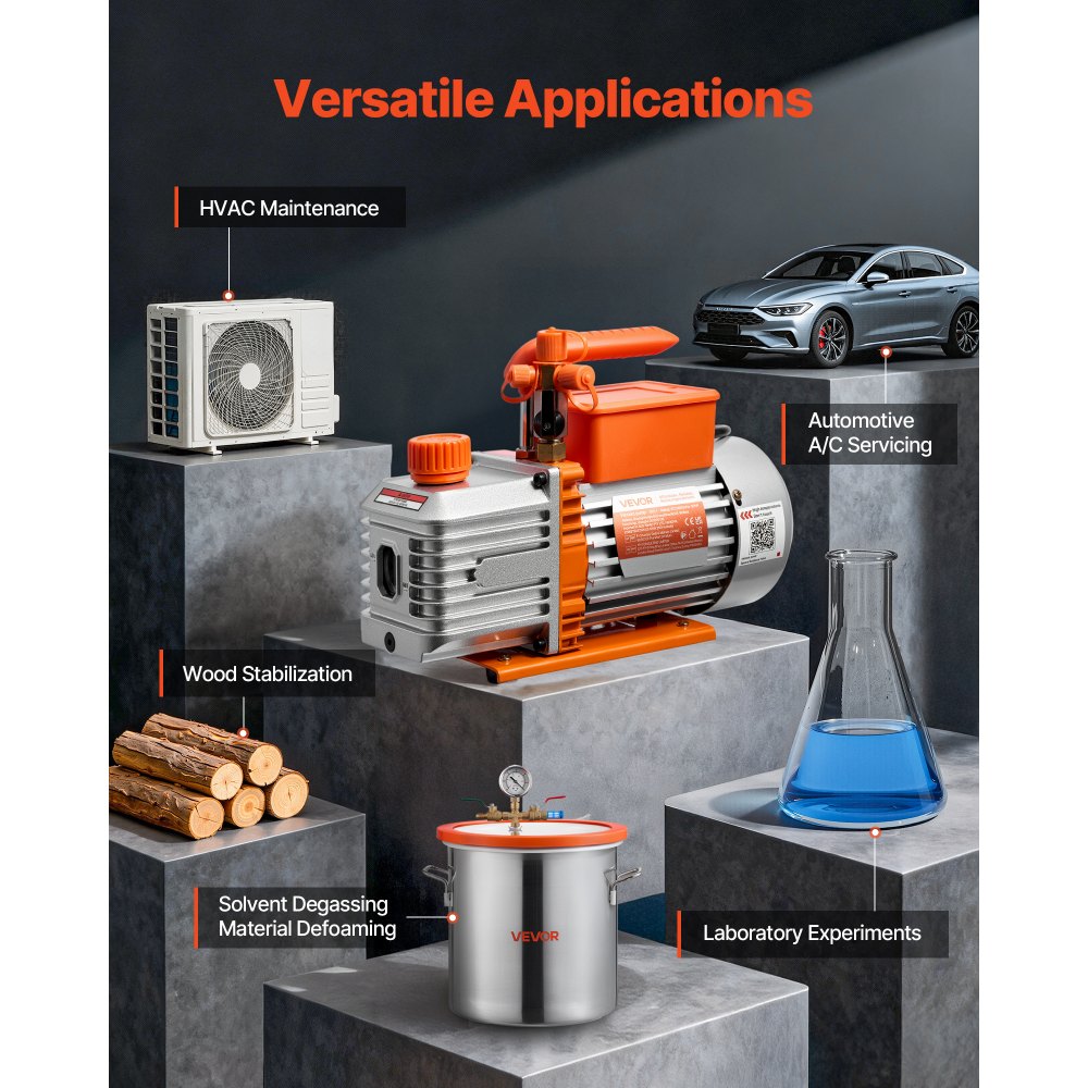 Vacuümpomp, 5 CFM 142 L/min, tweetraps, 375 W, geschikt voor R134a-, R22- en R410a-systemen, 4-polige motor, voor onderhoud van auto-airconditioning en harsontgassing, inclusief olie Vacuümpomp, 5 CFM 142 L/min, tweetraps, 375 W, geschikt voor R134a-, R22- en R410a-systemen, 4-polige motor, voor onderhoud van auto-airconditioning en harsontgassing, inclusief olie