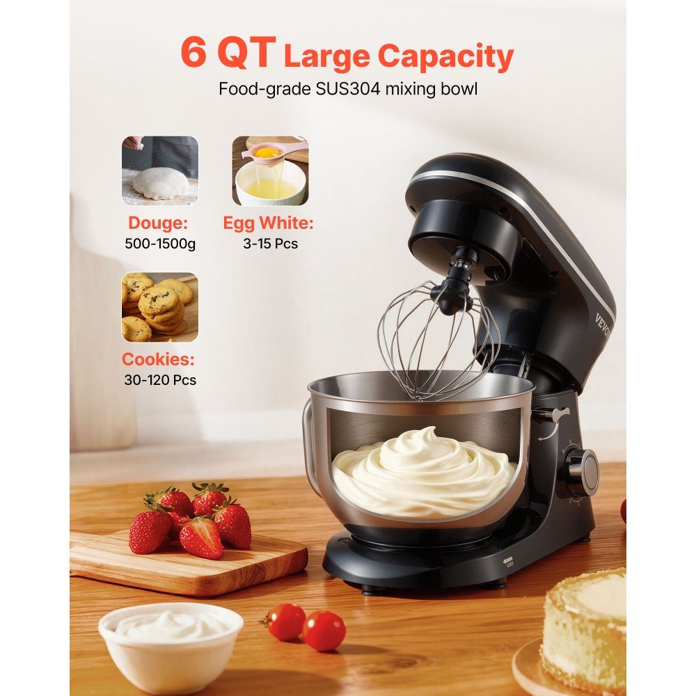 Robot culinaire Mélangeur de pâte 1400 W 5,68 L Robot culinaire à tête inclinable Bol en acier inoxydable Crochet pétrisseur Fouet Grattoir Robot culinaire domestique pour la cuisson et le mélange Noir