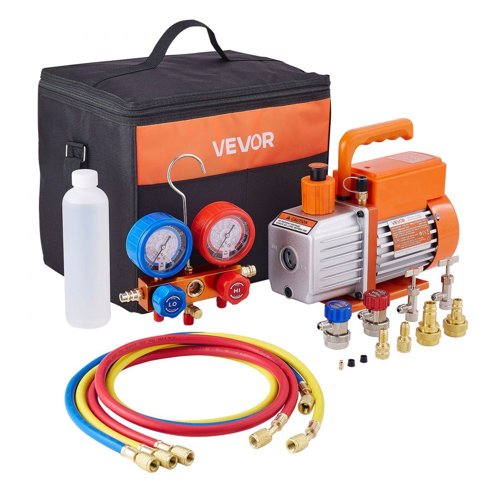 113 l/min Vakuumpumpe, einstufige Drehschieber-HVAC-Luftvakuumpumpe, A/C-Kältemittelverteiler-Manometer-Set mit Tragetasche für Kältemittel R134a, R22, R410a, R1234YF
