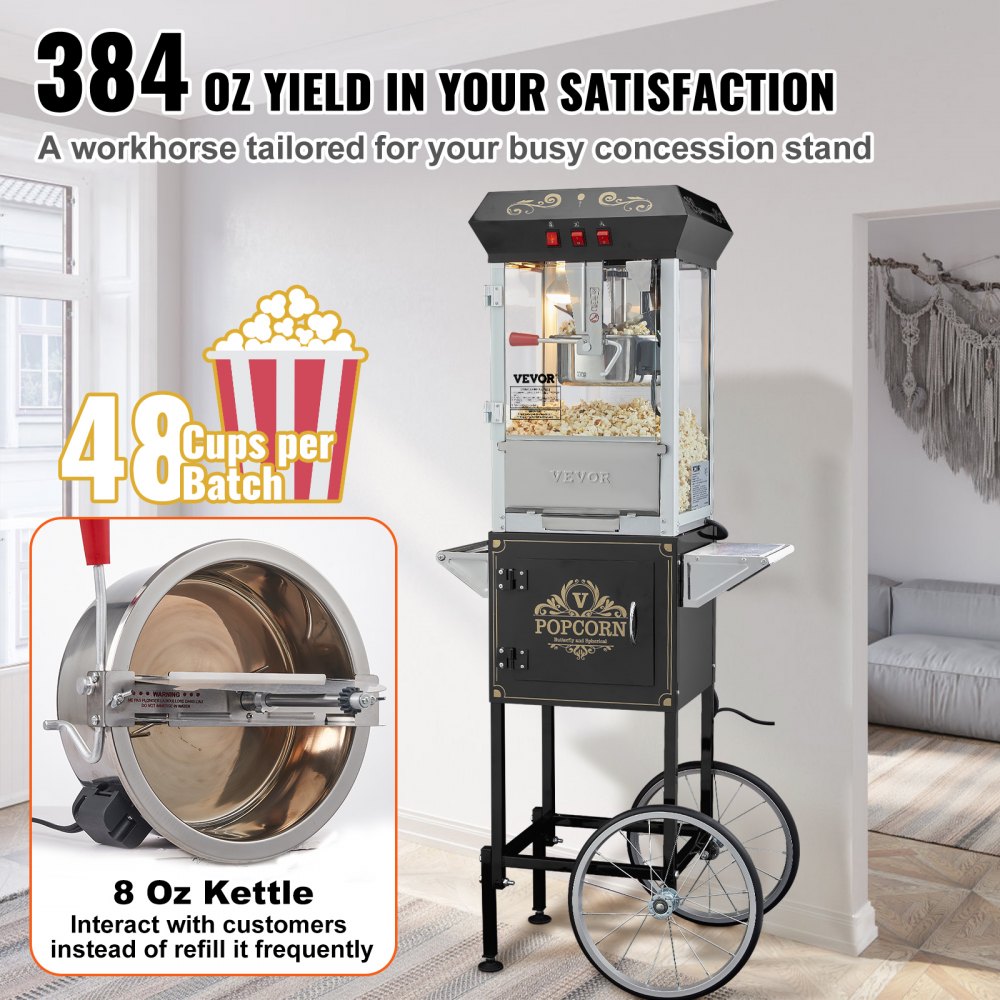 Popcornmaker, Popcornmaker met kar, 850W Popcornmaker, 8oz Ketel voor 48 kopjes per lading, Popcornmaker van gehard glas met 4 bolletjes Cinema Style Restaurant, Zwart