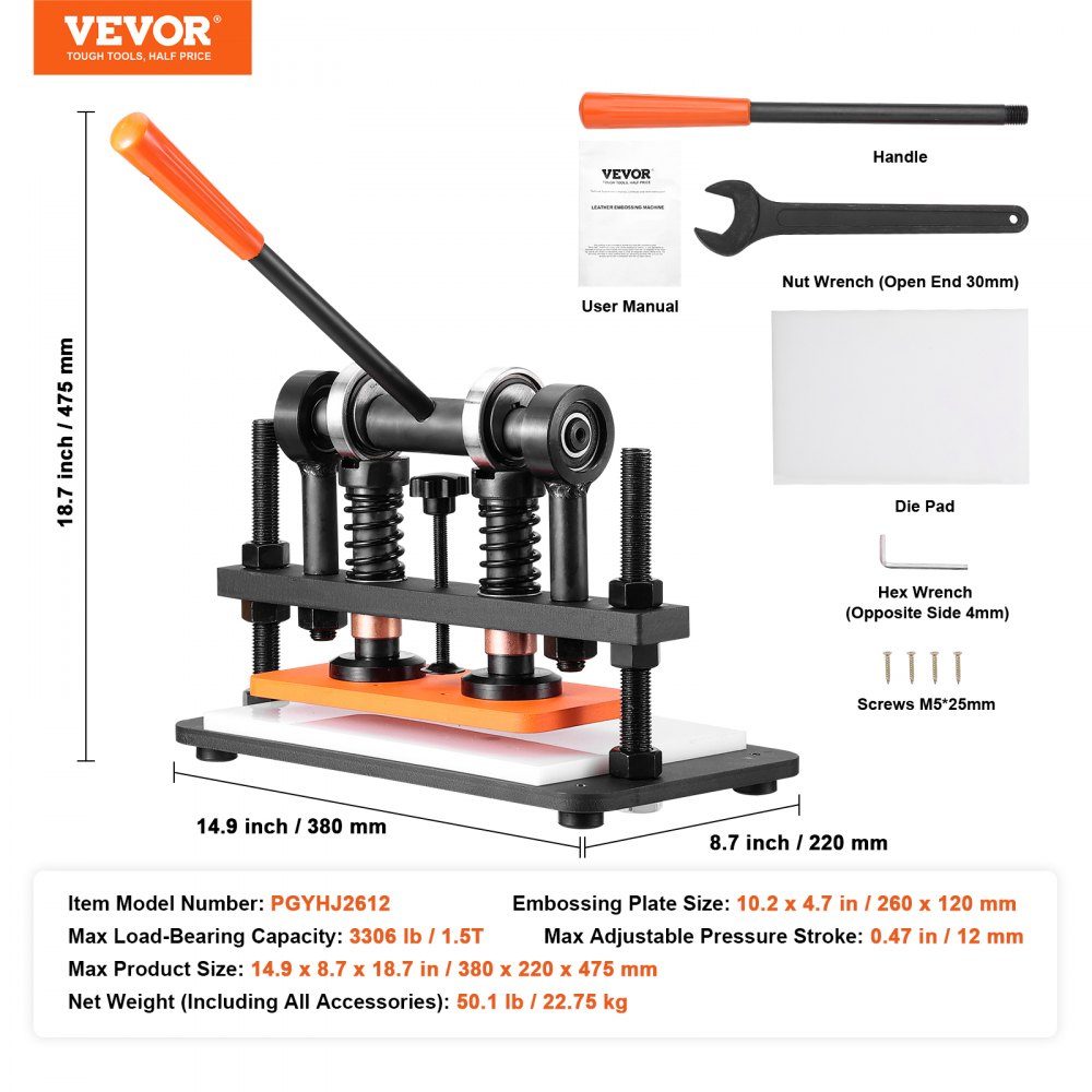 Leather Punching Machine Manual Leather Cutting Machine 26x12cm, Leather Embossing Machine 1.5t Heavy Duty Leather Punching Machine Suitable for leather, PVC/EVA foam, non-adhesive materials