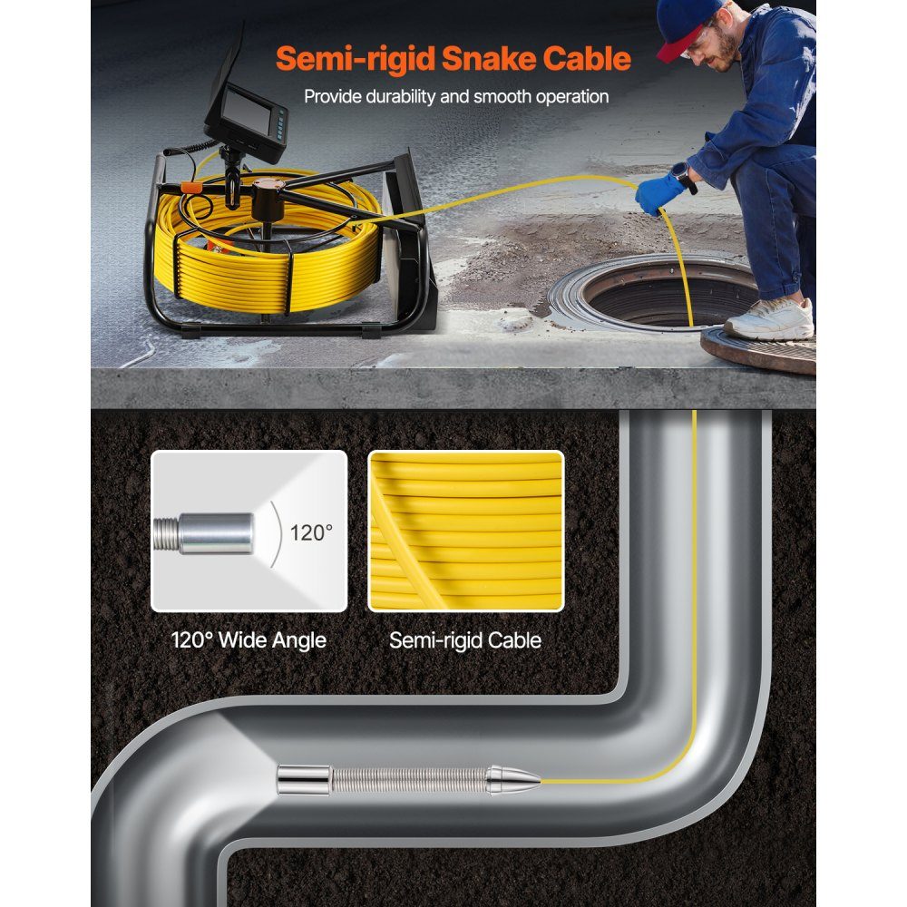 Sewer Camera 50m 4.3" Pipe Inspection Camera with Lighting - 6 Adjustable LEDs, 16GB Card, 3x Zoom and 8500mAh High Capacity Battery, IP68 Plumbing Camera for Sewer Pipes