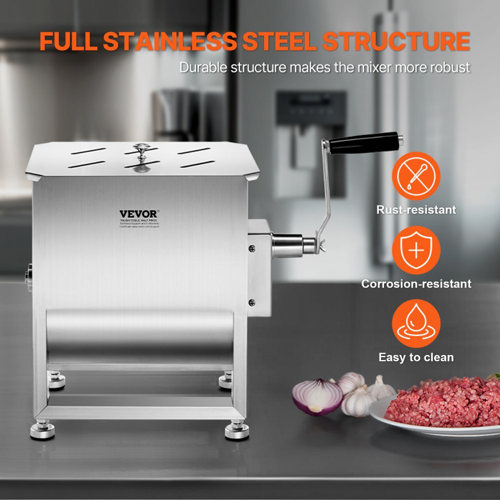 Handmatige vleesmixer, vleesverwerkingsapparatuur (maximaal mengen 13,61 kg vlees), roestvrijstalen vleesmixer, worstmixer met reductietandwiel, handmixer voor gehakt Handmatige vleesmixer, vleesverwerkingsapparatuur (maximaal mengen 13,61 kg vlees), roestvrijstalen vleesmixer, worstmixer met reductietandwiel, handmixer voor gehakt