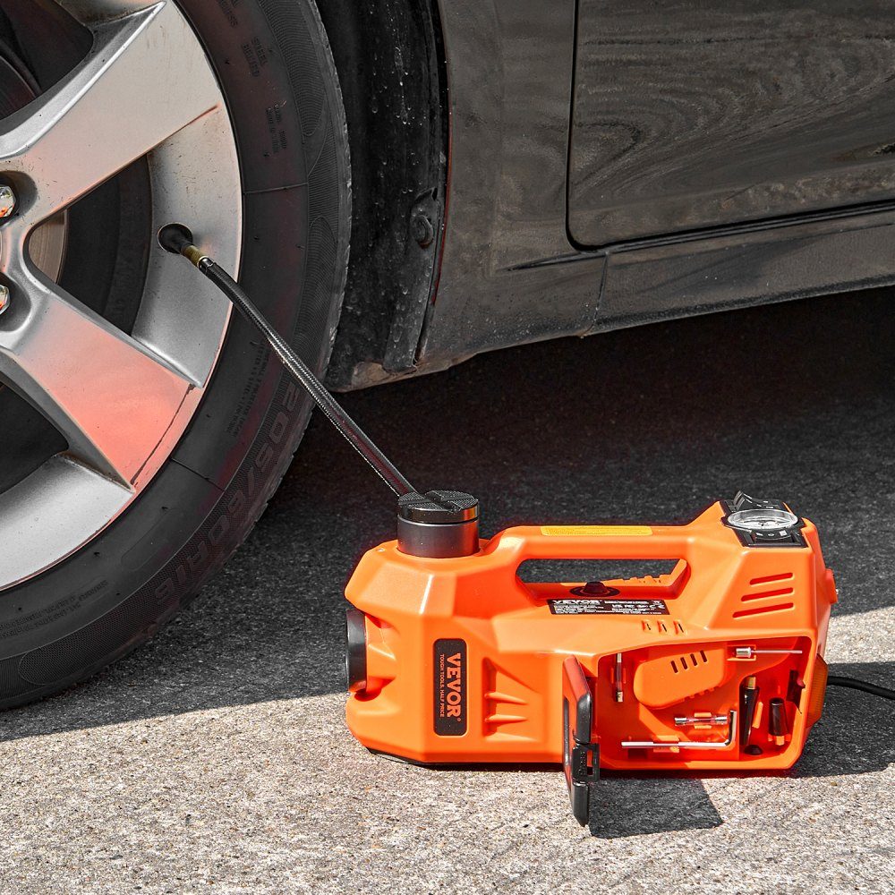 Cric électrique de voiture 5T avec pompe intégrée, changeur de pneu réglable 12 V de remplacement avec marteau de sécurité et lumière LED, ensemble de cric portable pour berline SUV camion