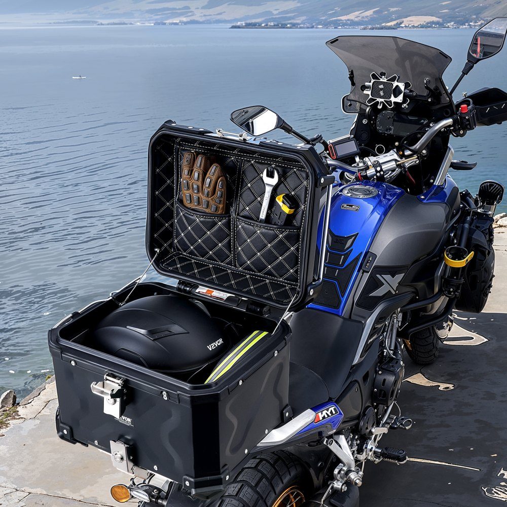 Motorrad-Topcase, Motorradkoffer, 55 l, Aluminiumlegierung, Heckbox mit Lederfutter, abnehmbare Motorrad-Topbox mit Schloss und Rückenpolster, Helmkoffer (470 x 430 x 367 mm), Schwarz