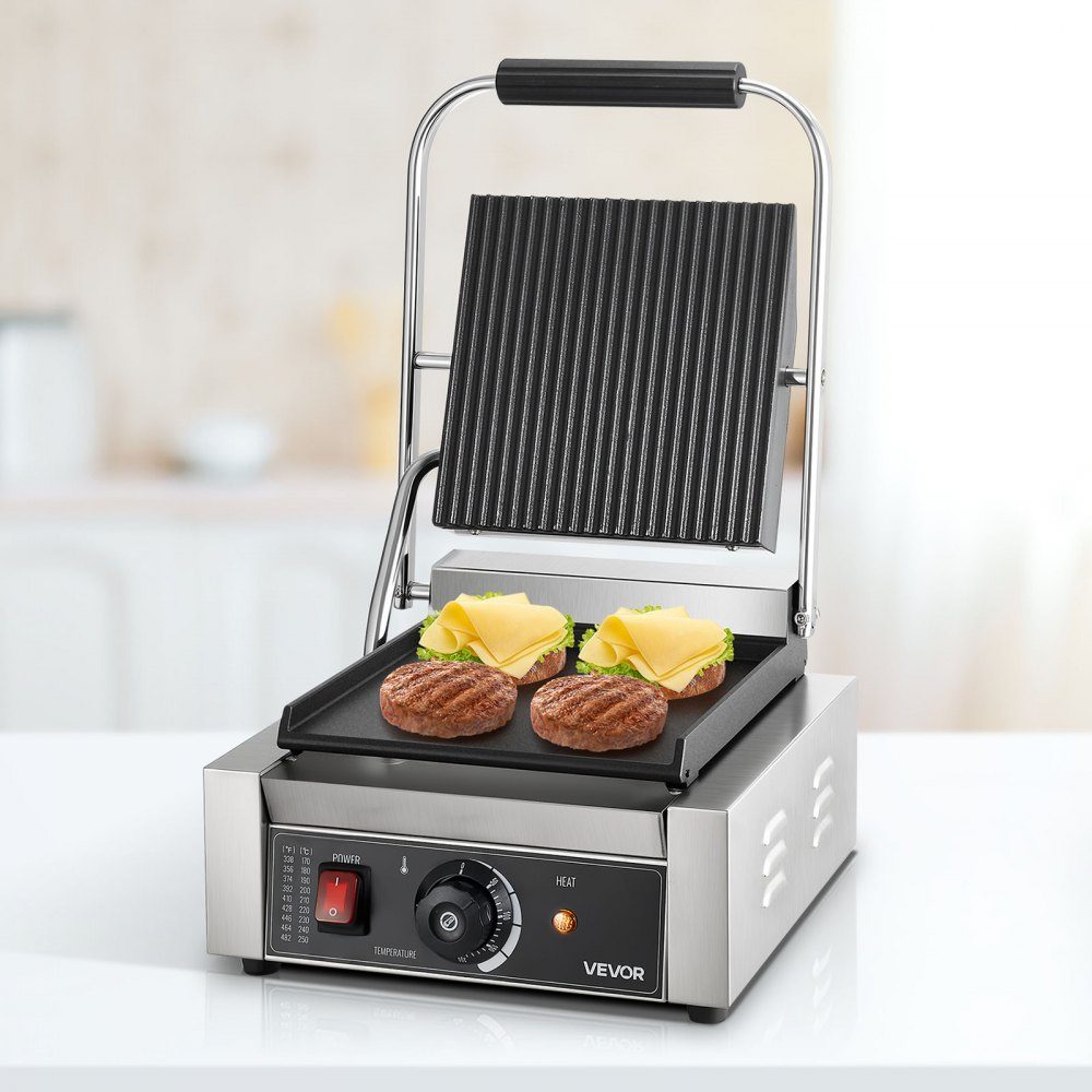 Komercyjny grill kontaktowy 1800 W Grill elektryczny Opiekacz do kanapek Prasa Panini ze stali nierdzewnej z uchwytem i regulacją temperatury, płaska emaliowana płyta 22 x 23 cm (pojedyncza) do steku z bekonem i hamburgerem