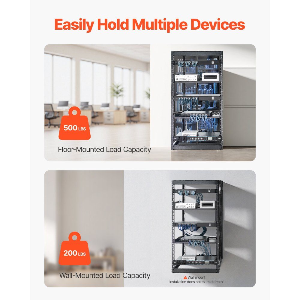 20U open frame network rack, 585mm depth, wall mount or floor standing server rack, 4 post construction, with ventilated shelves and mounting accessories, for network IT equipment and AV equipment